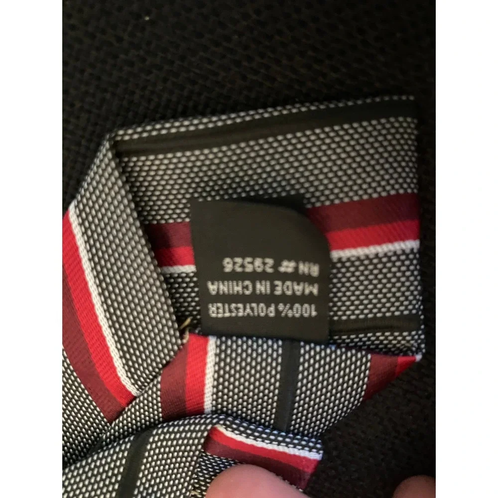 Mens Red Black Grey Striped Clip-On Necktie Polyester Pre-Tied Formal‎ Tie